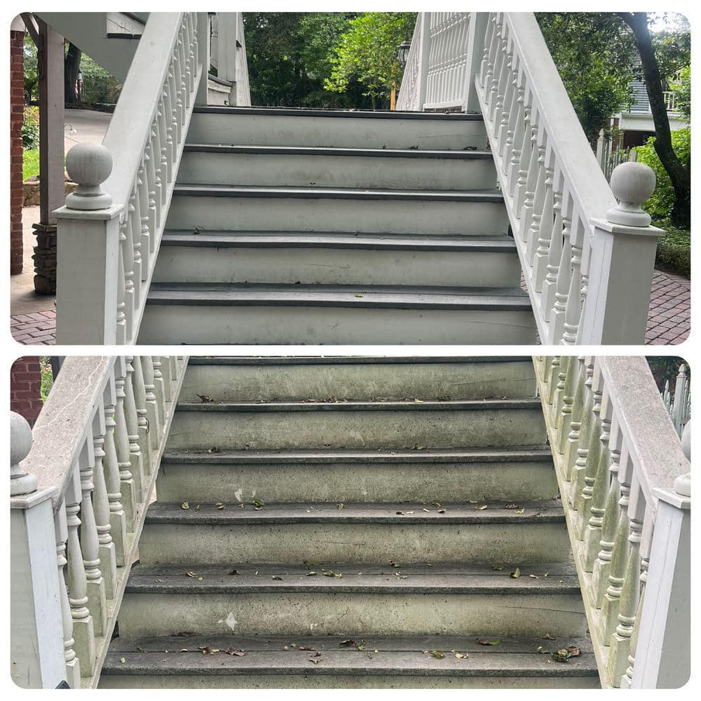 Before and after cleaning stairs, showcasing improved cleanliness and maintenance.
