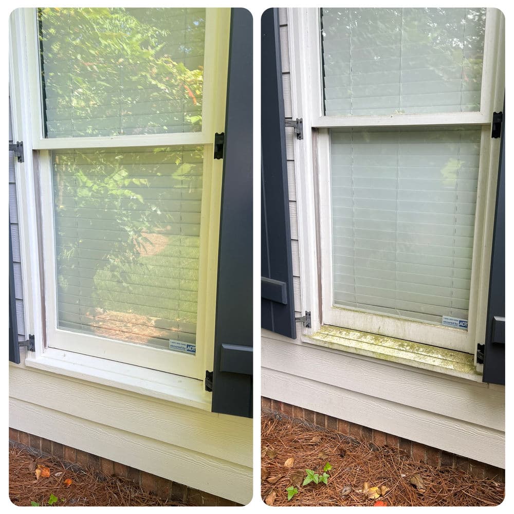 Before and after window cleaning, showcasing improved clarity and removal of grime.