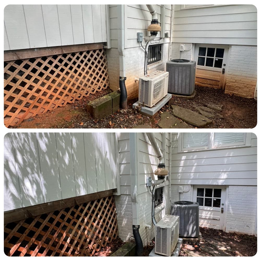 Before and after home exterior improvement showing air conditioning unit installation and landscaping changes.