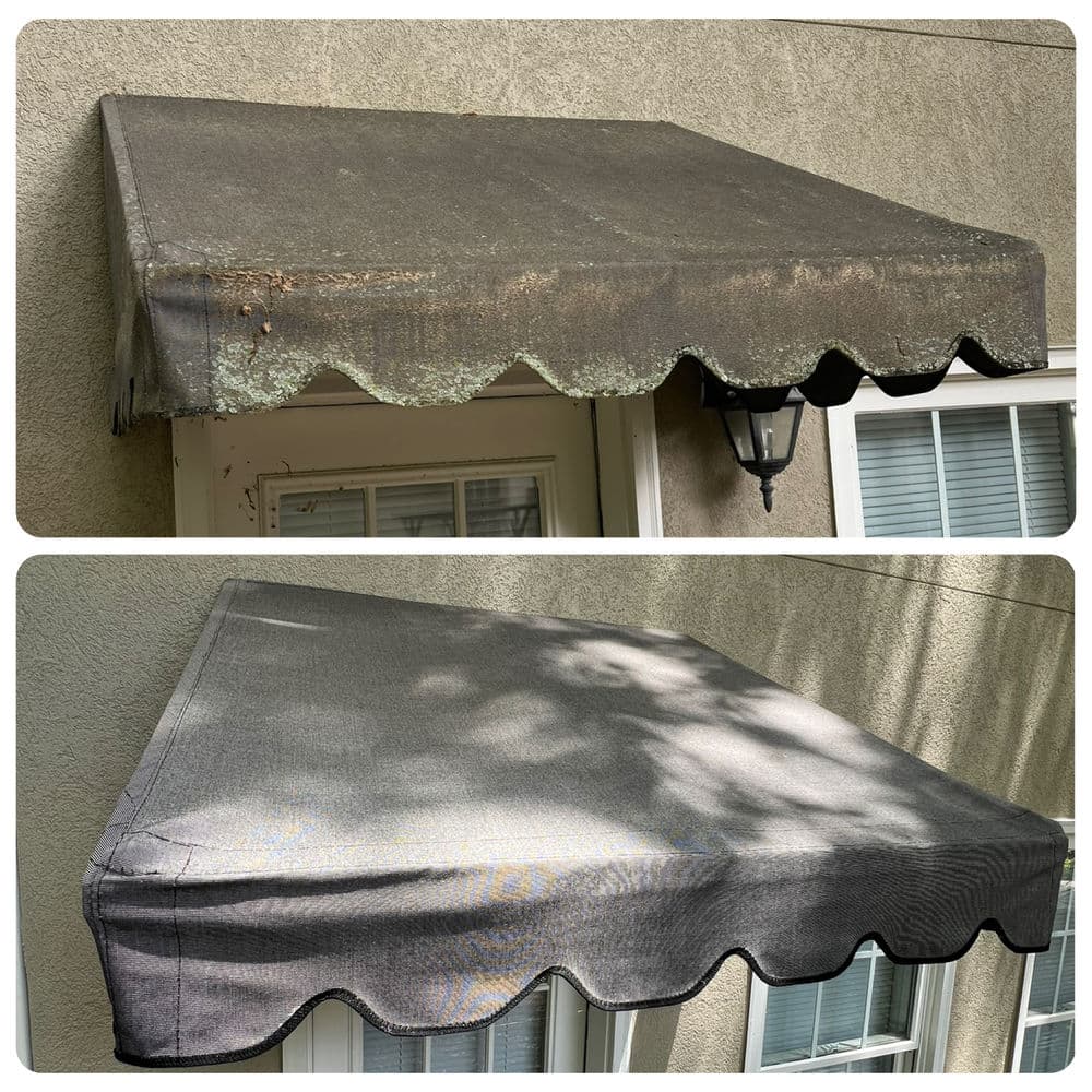 Before and after cleaning of a weathered awning, showcasing improved condition and appearance.