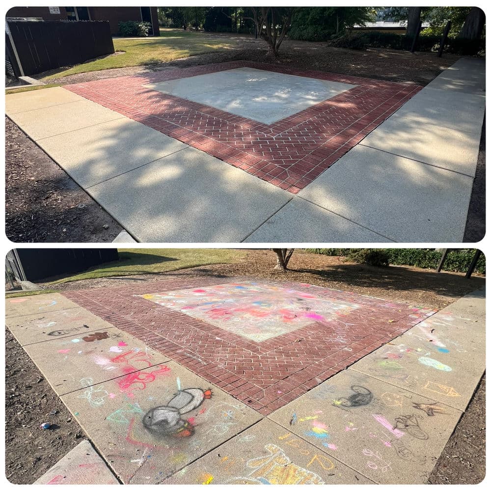Before and after comparison of sidewalk art with chalk on brick pattern surface.