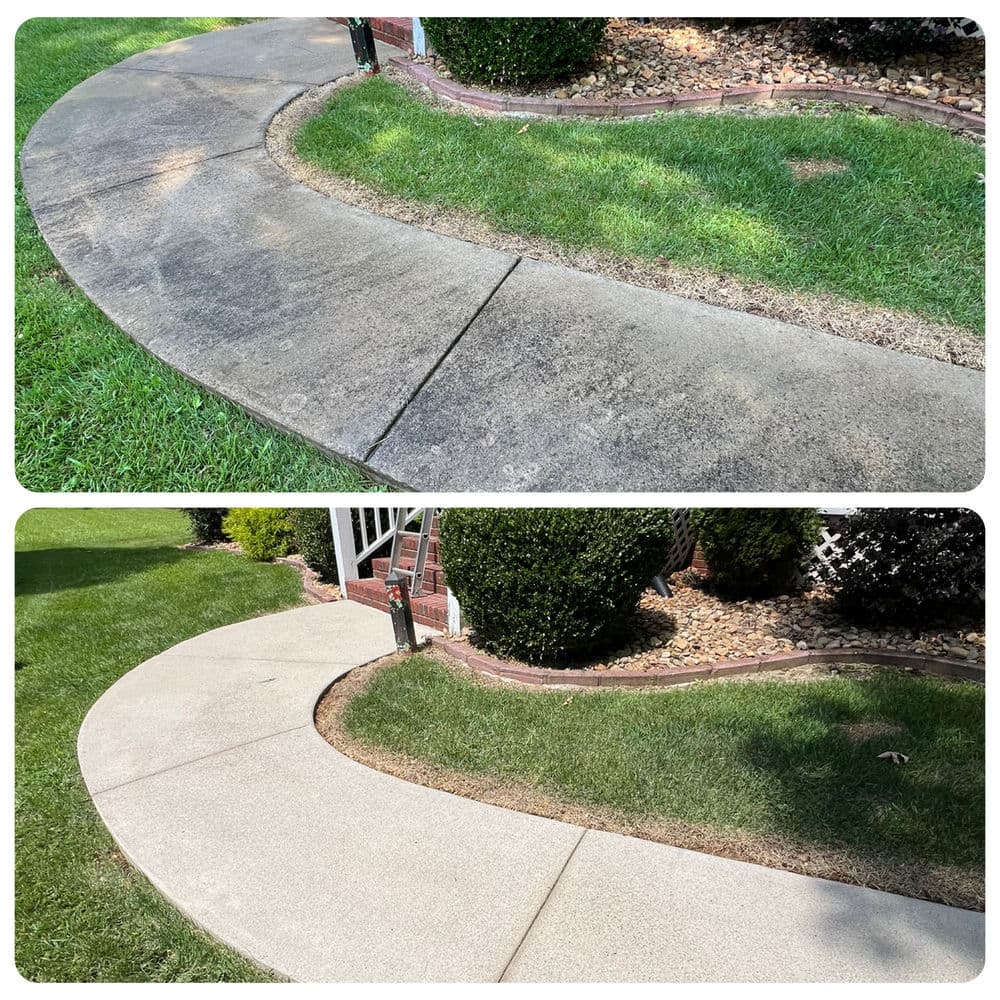 Before and after sidewalk cleaning, showing improved appearance and restored surface.