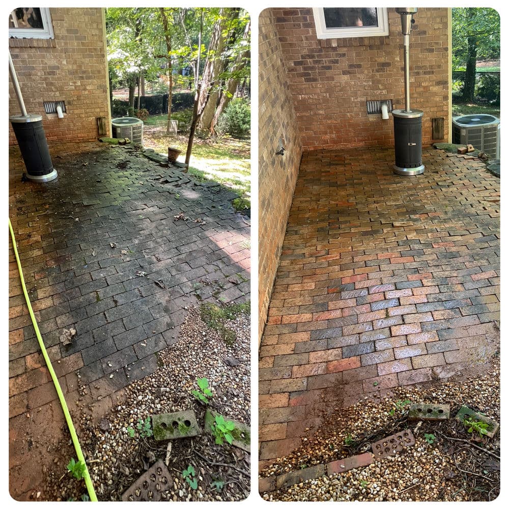 Before and after photo of a cleaned patio with brick pavers, showcasing significant transformation.