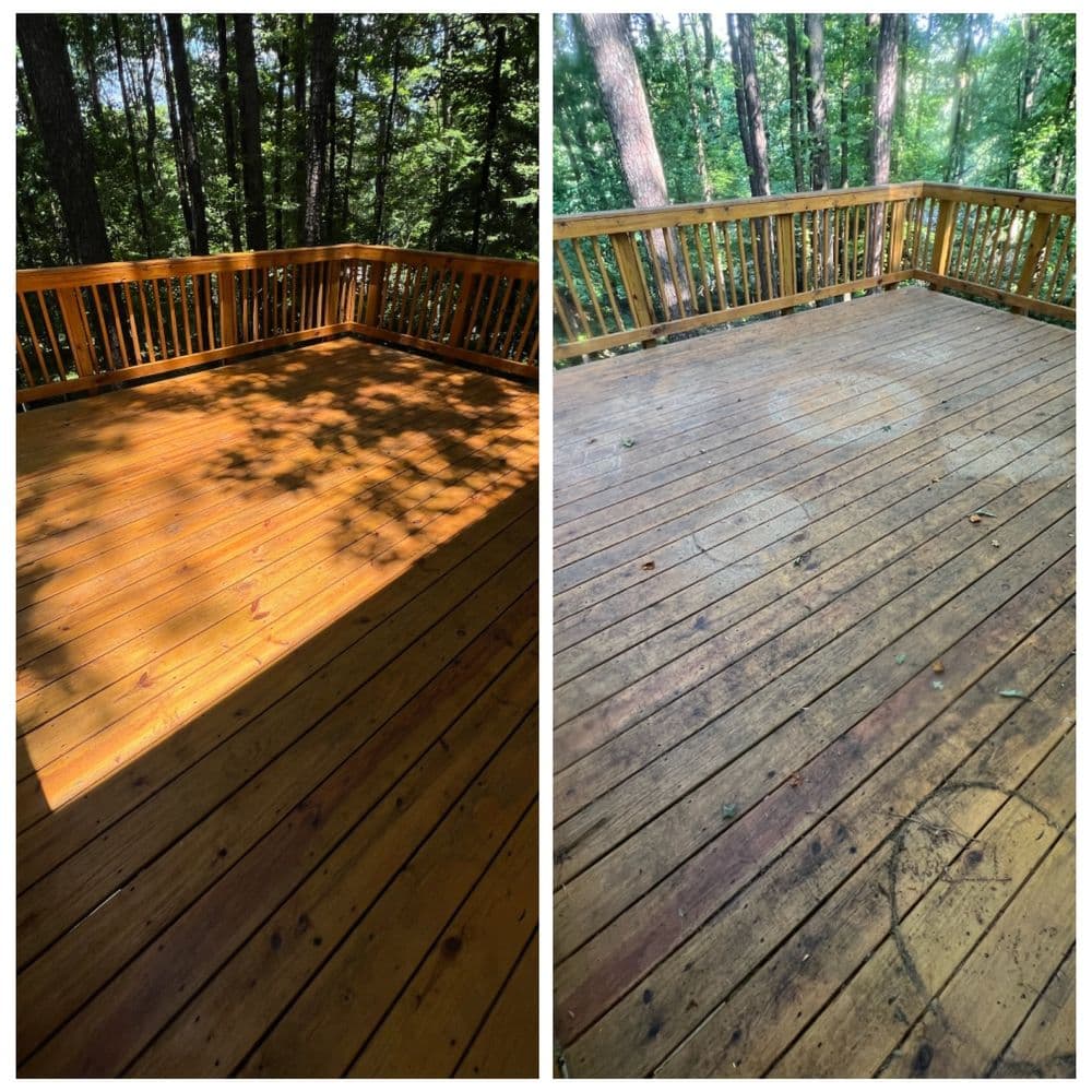Before and after comparison of a wooden deck showcasing cleaning and maintenance results.