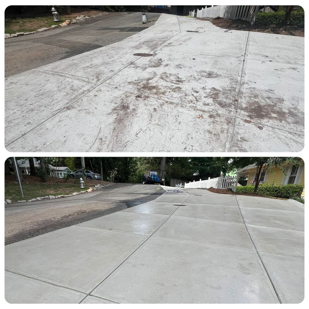 Before and after comparison of a cleaned concrete driveway, showing significant improvement.