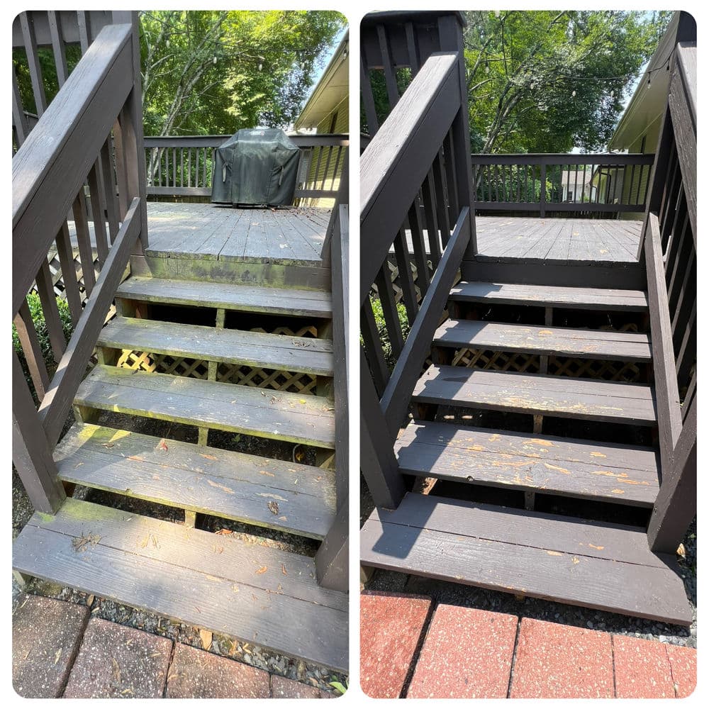 Before and after images of a cleaned wooden staircase, showcasing significant restoration.
