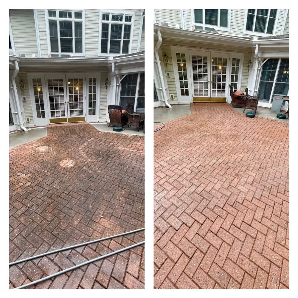 Before and after photos of a cleaned patio with brick pavers, showing significant transformation.