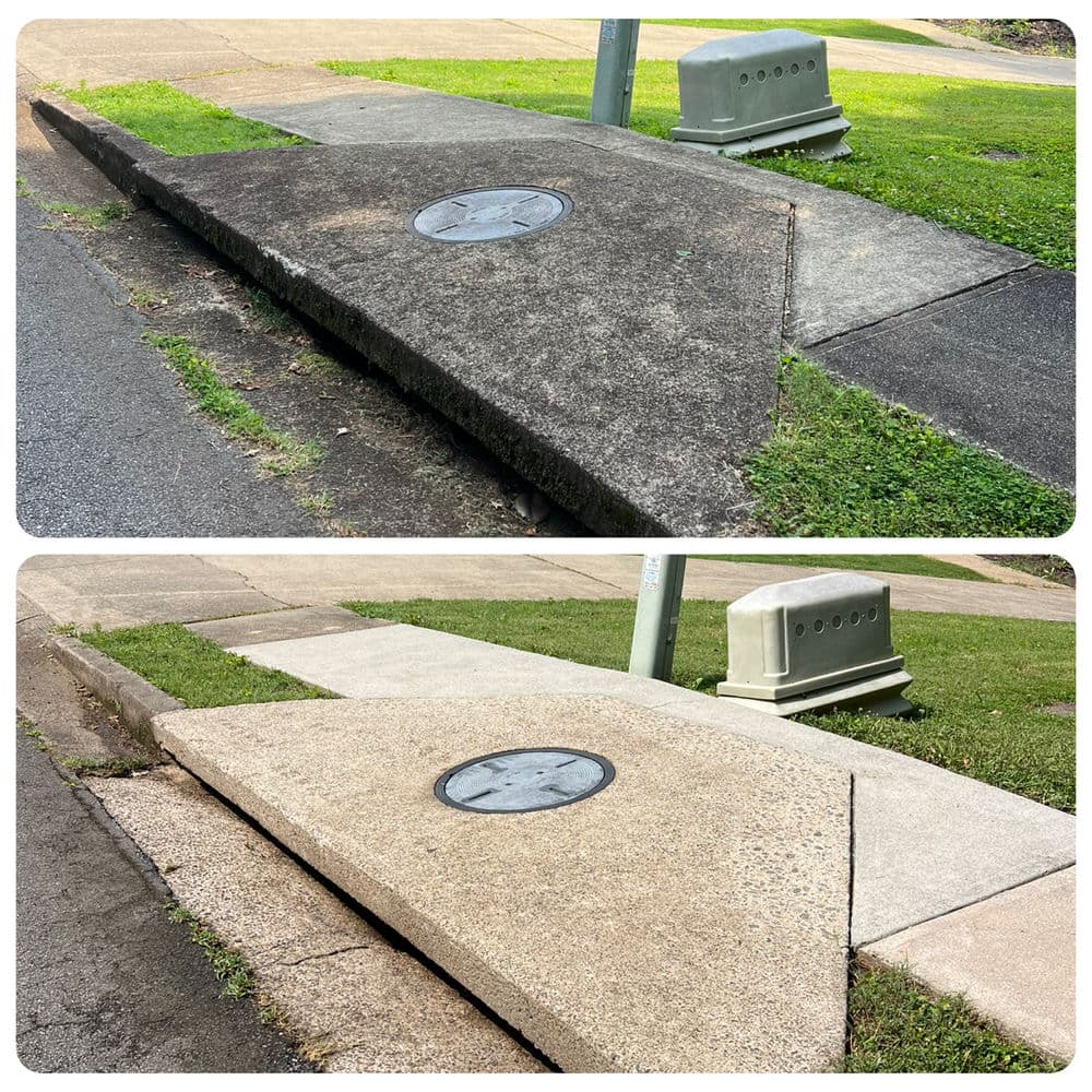 Before and after images of sidewalk repair, showcasing improved accessibility and condition.